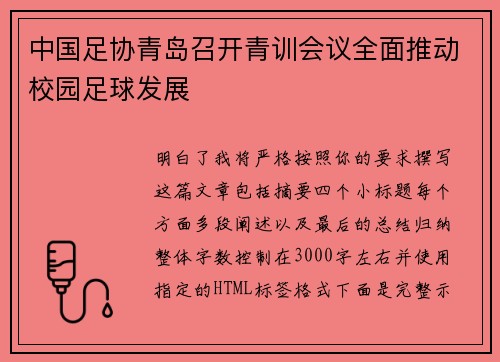中国足协青岛召开青训会议全面推动校园足球发展 中国足协青岛召开青训会议全面推动校园足球发展